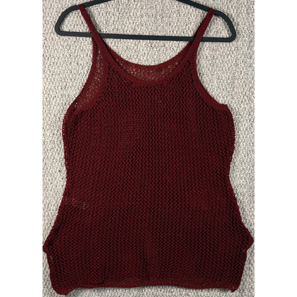 Crochet Mesh Tank Top Size L Burgundy Red Open Knit Side Slit Boho